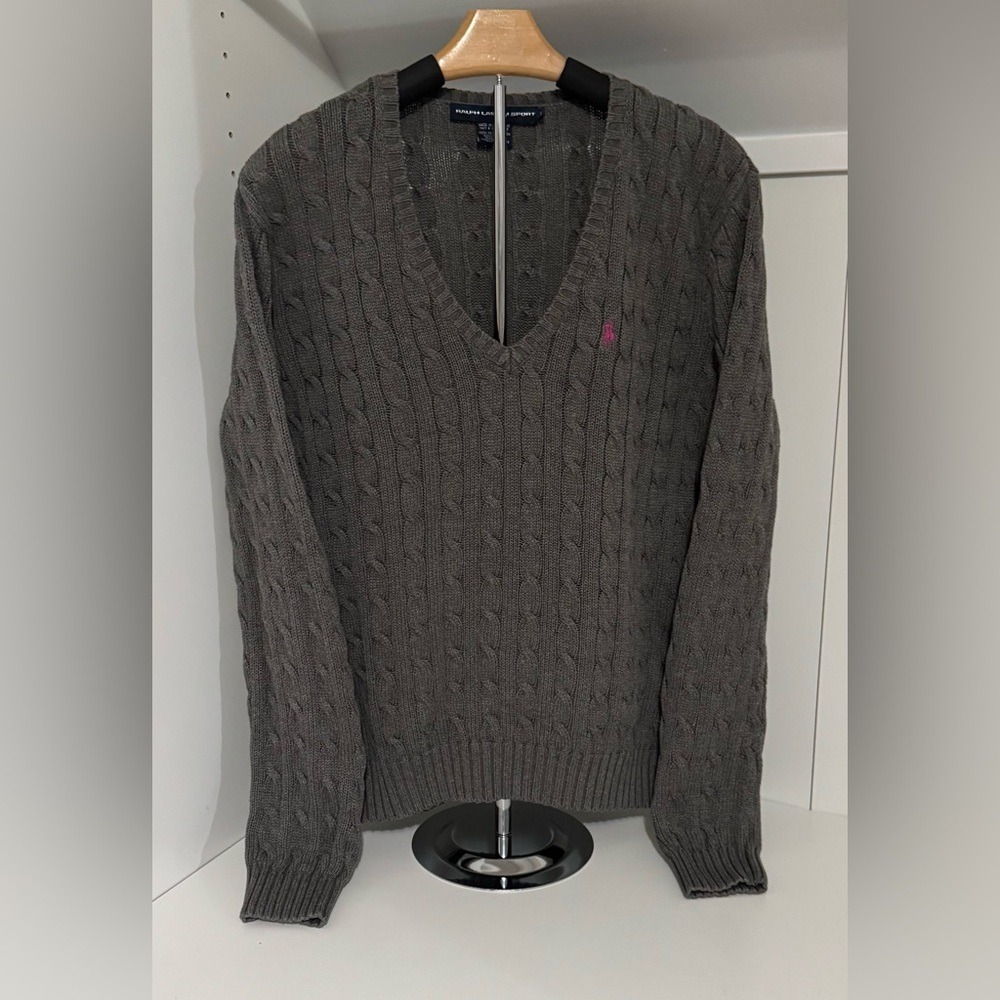 Ralph Lauren Sport Gray Pink Cable Knit Cotton V-Neck Sweater‎ Womens XL